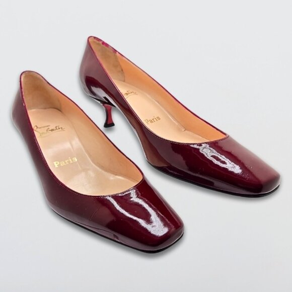Christian Louboutin Shoes - Christian Louboutin Kitten Heel Square Toe Patent Leather Red Sole Burgundy